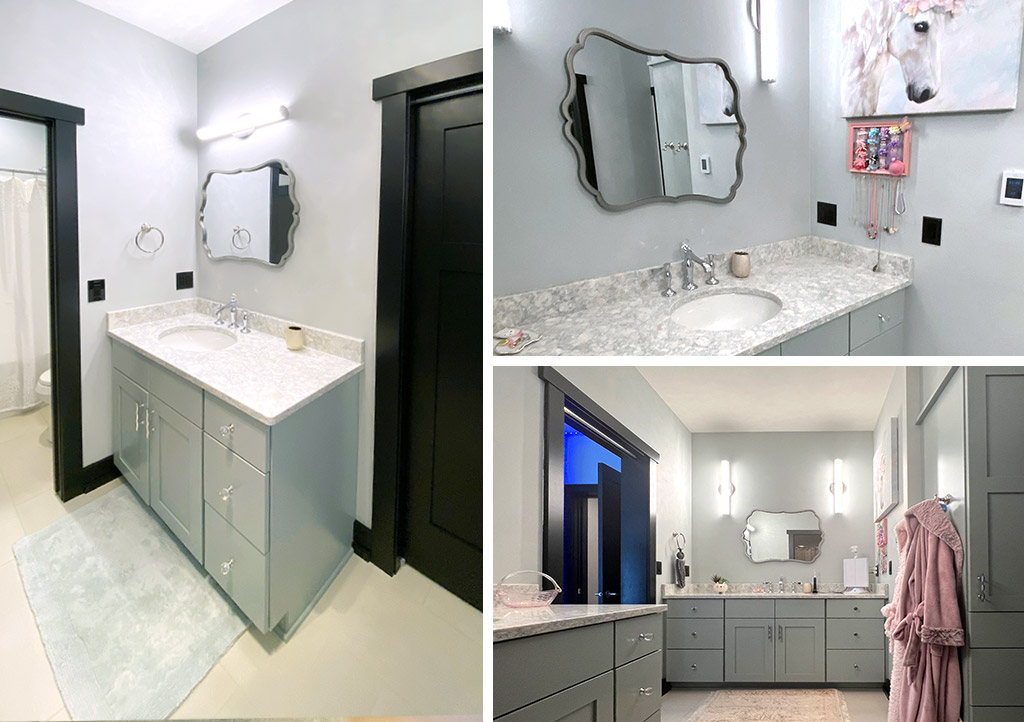 Collage of photos showing a bathroom with two sink areas, a mirror, light countertops, and light green cabinets